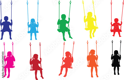 Colorful Child Swing Silhouette Set Featuring Kids Playing on Playground Swings in Various Poses for Childhood, Recreation, and Outdoor Activity Designs