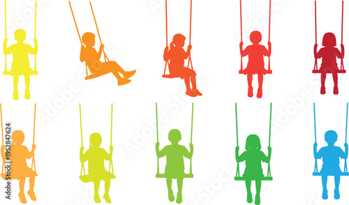 Colorful Kids Swing Silhouette Collection with Children Playing on Playground Swings in Different Positions for Childhood, Recreation, and Outdoor Activity Designs