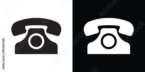 A clean, bold vector illustration of a vintage rotary-style telephone handset and base. This minimalist icon represents customer support, telecommunications, and traditional contact methods.
