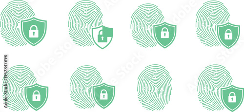 Fingerprint Security Icon Set in Green Featuring Biometric Identification with Shield and Lock Symbols for Data Protection, Privacy, Authentication, and Cyber Security Design