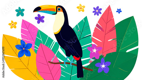 Vector illustration of tropical toucan perched on branch with colorful beak, exotic leaves, vibrant flowers, and rainforest wildlife design