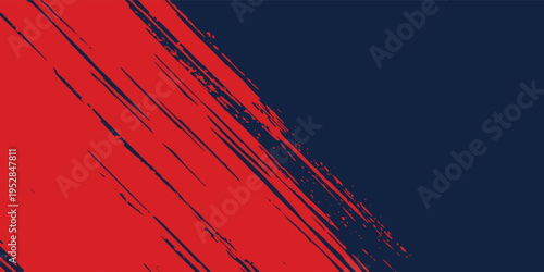 A dynamic abstract background features a bold contrast of red and navy blue separated by angled brush strokes, creating a visually striking and textured composition