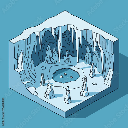 Isometric illustration of an icy cave with stalactites, a pool, and rock formations.