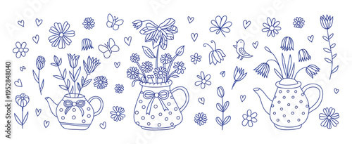 Floral hand drawn doodle elements set with garden flowers butterflies hearts and teapots for coloring book or spring design project
