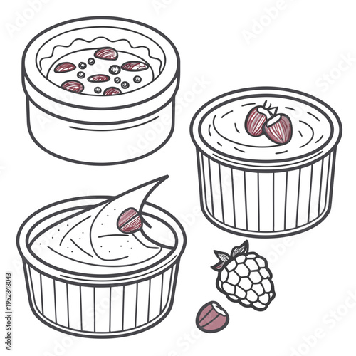 Dessert cups with fruit, raspberry, creme brulee, mousse, parfait, sweet puddings, individual servings, food illustration, line art, top view and side view