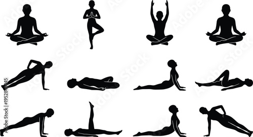 Collection of Woman Yoga Pose Silhouettes Showing Meditation Stretching Balance and Strength Exercises for Fitness Wellness Flexibility and Healthy Lifestyle