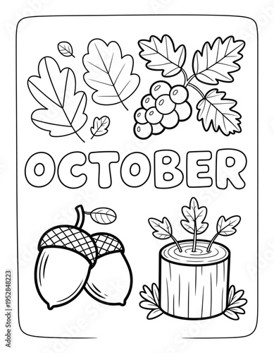 October month coloring page for kids featuring autumn leaves acorns grapes and tree stump with young sprouts in line art style vector