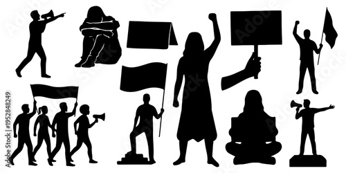 Set of protest and social activism silhouettes, people holding banners and flags, demonstration and human rights icons isolated