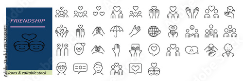 Friendship and community icons showing human connection heart symbols and supportive gestures for social media and charity apps