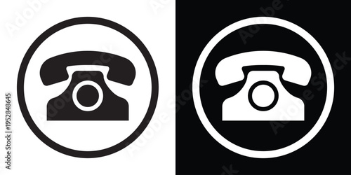 Vintage telephone symbol enclosed in a circular frame, presented in high-contrast black and white. Ideal for contact us buttons, customer service branding, and communication interface design.