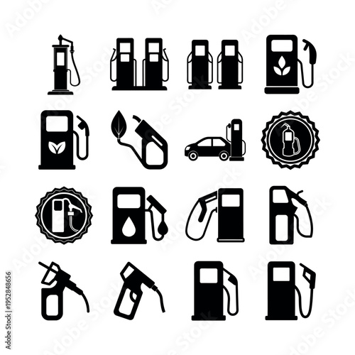 16 Solid Silhouette Biofuel and Petrol Station Vector Icons.