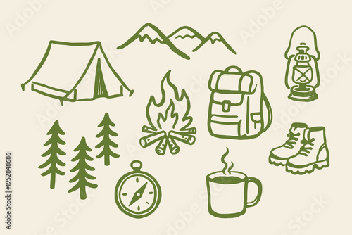 Camping elements set outline sketch vector illustration