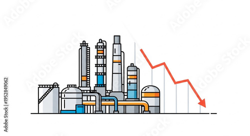 Industrial Decline - Factory Illustration with Downward Trend Arrow.