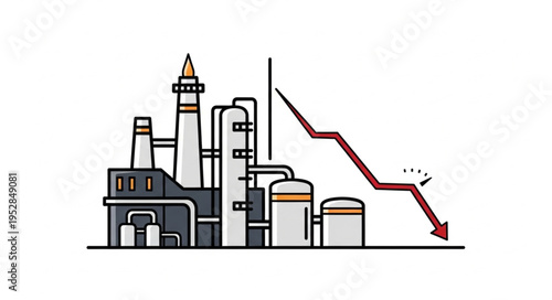 Industrial Decline - Factory Silhouette with Downward Trend Line.