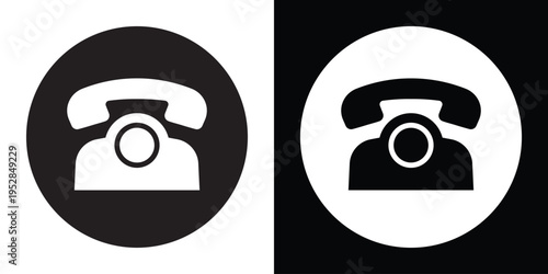 Vintage telephone symbol enclosed in a circular frame, presented in high-contrast black and white. Ideal for contact us buttons, customer service branding, and communication interface design.