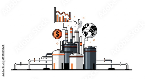 Illustration of Industrial Plant with Global Impact and Economic Downturn.