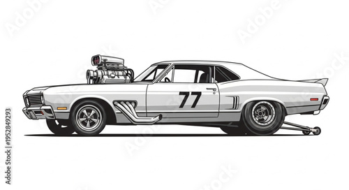 Vintage Drag Racing Car with Number 77 Illustration.