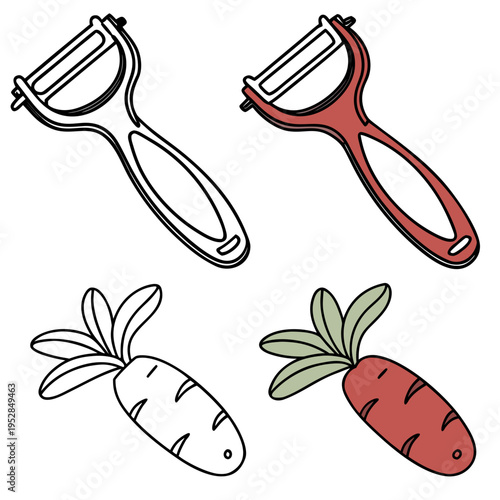 Set of two vegetable peelers and two carrots, one colored, outline illustration, food and drink, kitchen utensil, healthy ingredient