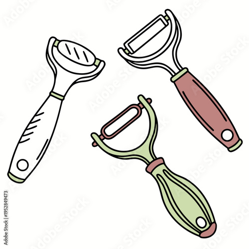 Three kitchen peelers, different styles and colors, outline illustration, food preparation tool, utensil collection, household item