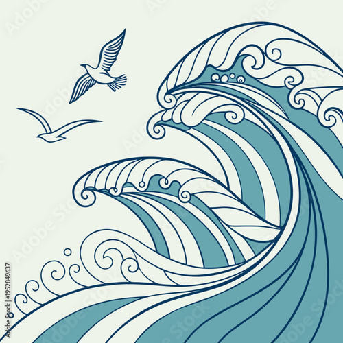 Wave illustration with seagulls flying over ocean sea water ripples in japanese style blue line art drawing for decorative background and pattern