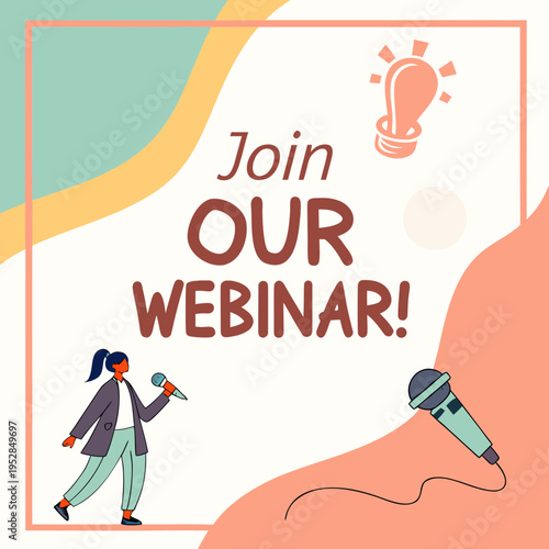 Join our webinar illustration with microphone and light bulb as symbol of idea and learning