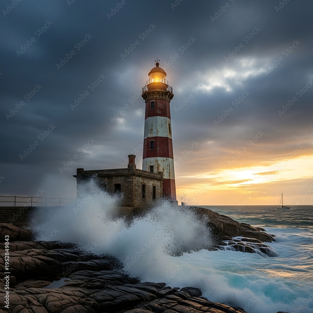 Obraz premium Dramatic Lighthouse Amidst Stormy Seas at Sunset.