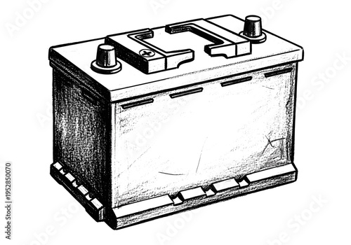 Hand-drawn sketch of a car battery with positive and negative terminals and a carrying handle