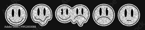 Y2K glitter sticker set with silver smiley faces on black background, including happy, melting, split, sad and neutral moods. Glossy chrome patches with sparkly sequins textures and cyber retro vibes.