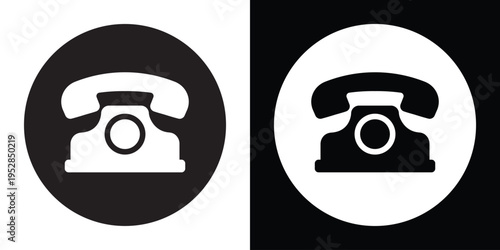 Vintage telephone symbol enclosed in a circular frame, presented in high-contrast black and white. Ideal for contact us buttons, customer service branding, and communication interface design.