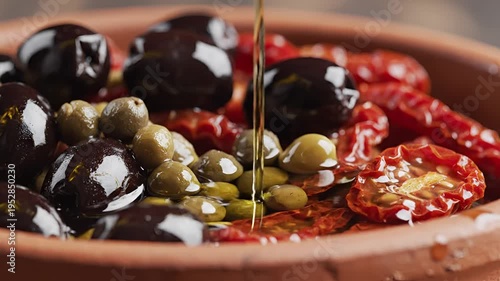 Pouring Olive Oil Over Olives and Sun-Dried Tomatoes in a Bowl.