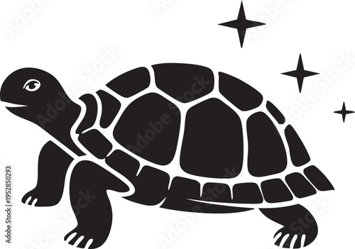 A charming black silhouette of a happy turtle walking, surrounded by sparkling stars, against a bright white background.