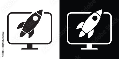 Creative vector icon featuring a rocket ship launching from a computer screen. Modern symbol for tech startups, website optimization, high-speed performance, and digital business growth.