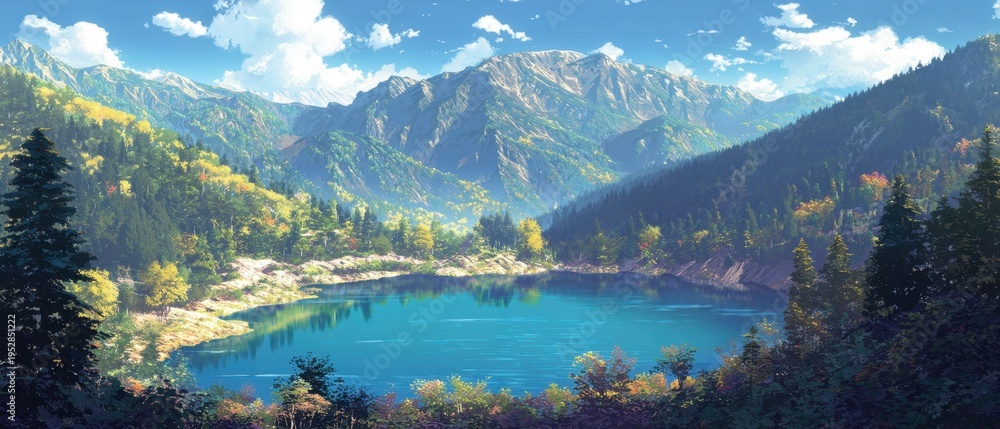 Obraz premium Serene Lake Surrounded by Lush Green Mountains
