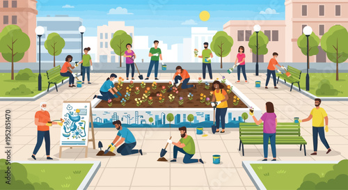 Community Garden Project with Diverse Volunteers Planting Flowers and Art.