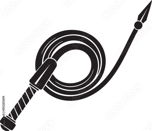 A stylized illustration featuring a coiled whip with a distinctive spear-like tip, suggesting power or historical weaponry.