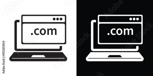 Vector flat icon of a computer monitor displaying a .com web browser window. Minimalist black and white design representing domain registration, web hosting, and online business presence.