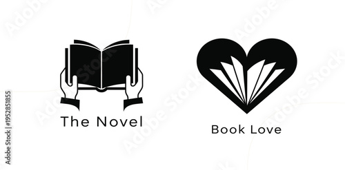 Book Love and Novel Reading Icon Set with Hands Holding Open Book and Heart Shaped Pages for Literature and Library Design
