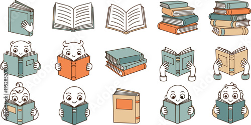 Cute Reading Books Icon Set with Cartoon Characters, Open Books, Book Stacks, and Hand Drawn Education Elements for Library and Learning Design