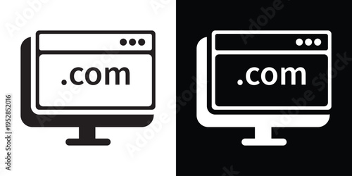 Vector flat icon of a computer monitor displaying a .com web browser window. Minimalist black and white design representing domain registration, web hosting, and online business presence.