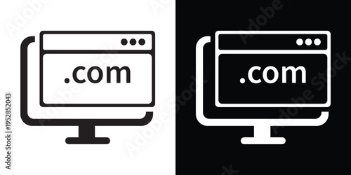 Vector flat icon of a computer monitor displaying a .com web browser window. Minimalist black and white design representing domain registration, web hosting, and online business presence.