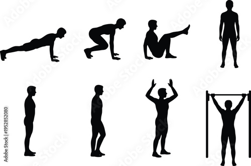 Bodyweight fitness silhouette set, men exercising push up squat leg raise and pull up workout illustration
