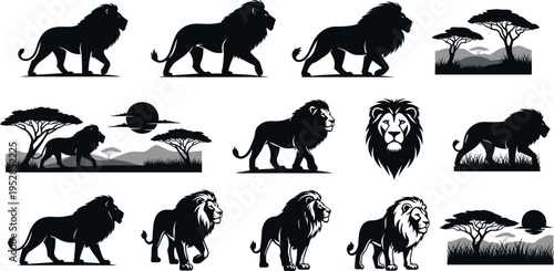 Lion silhouette collection with safari landscape scenes walking poses wild animal wildlife africa vector illustration set