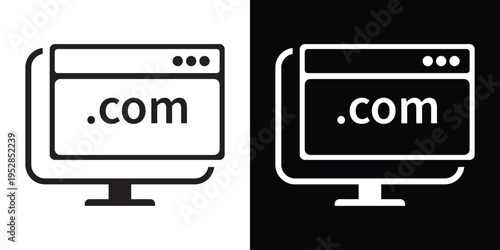 Vector flat icon of a computer monitor displaying a .com web browser window. Minimalist black and white design representing domain registration, web hosting, and online business presence.