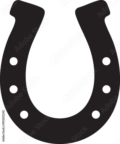 A classic black silhouette of a horseshoe with distinct nail holes, associated with luck and good fortune on a white background.