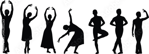 Ballet dancer silhouette collection performing graceful dance poses, classical ballet performance set, elegant ballerina movement vector illustration