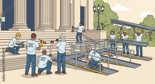 Construction workers installing accessibility ramps for disabled people.
