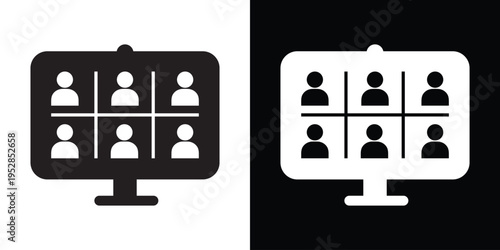 Laptop icon showing a group video call with multiple participant avatars. Vector symbol for remote work, online meetings, webinars, virtual classrooms, and digital collaboration.