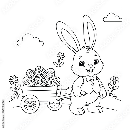 Easter coloring page shows a cute bunny pulling a cart filled with decorated eggs