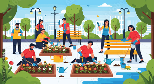 Community Gardeners Working Together Planting Flowers.