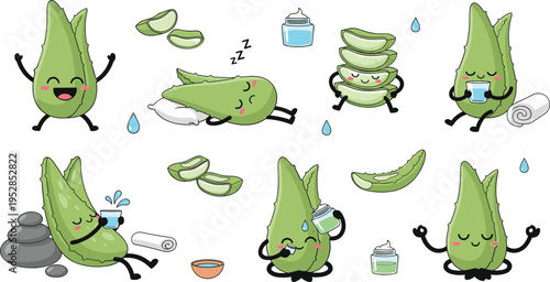 Cute bitter melon characters doing spa and wellness activities skincare relaxation healthy lifestyle cartoon vector illustration set